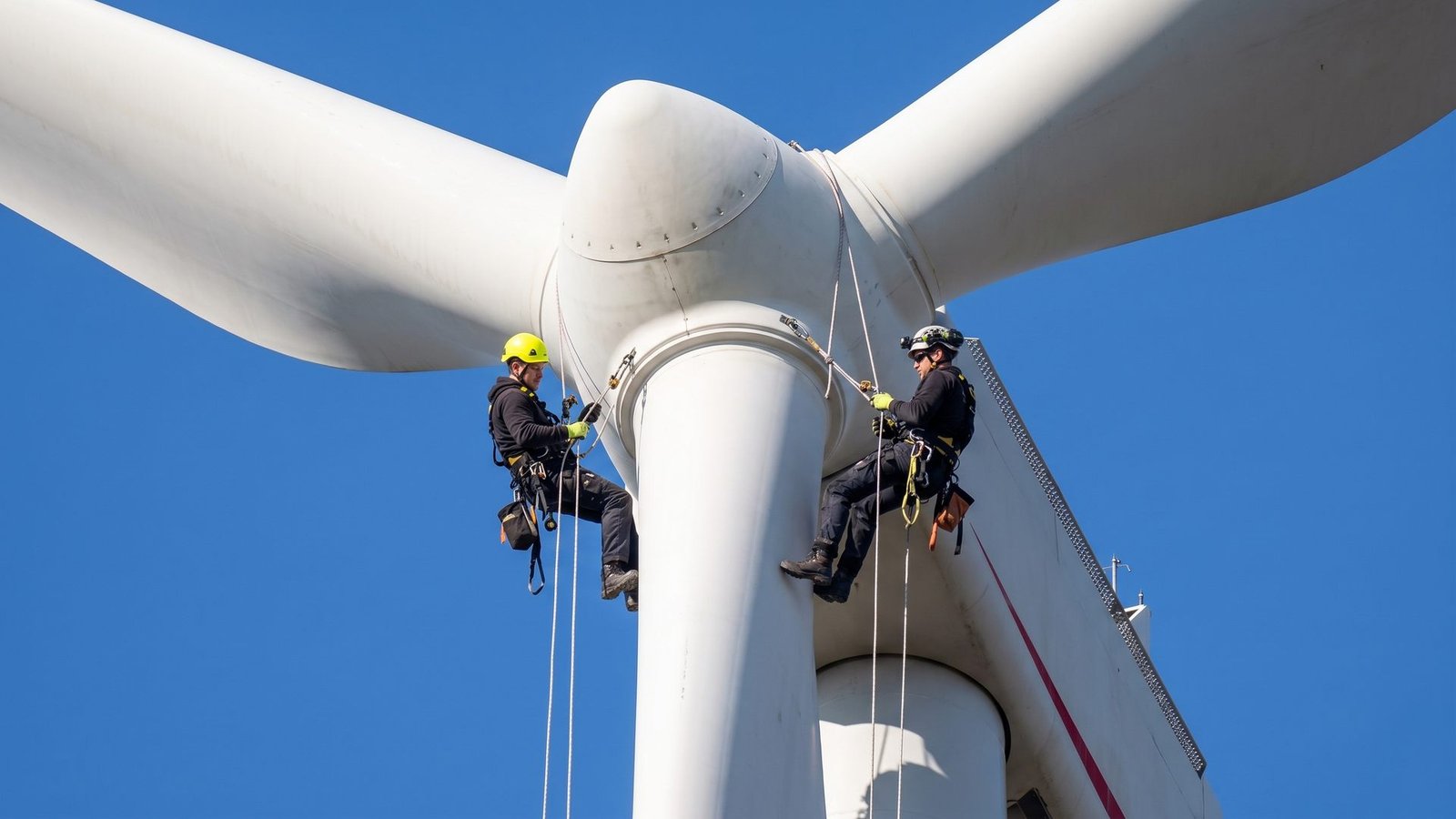 Low-angle view of a wind turbine nacelle and rotor blades against a blue sky.